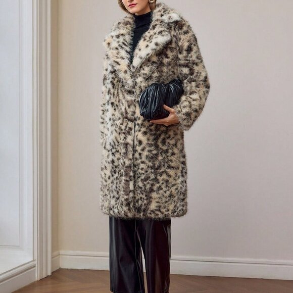 Multicolor Casual Women's Faux Fur Leopard Print Lapel Collar Long Coat - Picture 6 of 8